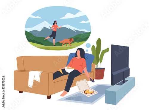 Lazy woman dreams. Female overweight character lying on sofa, eating pizza and dreams of leading an active lifestyle. Unhealthy eating, sedentary girl nowaday vector cartoon flat concept photo