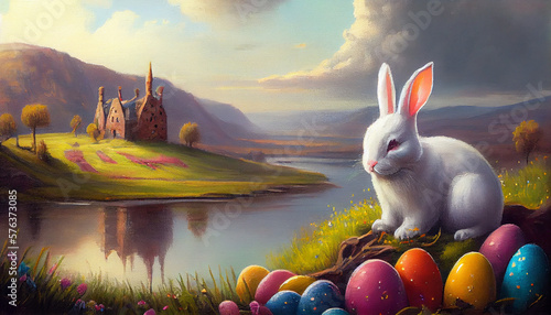 An oil painting of an Easter landscape with a white bunny and lots of colorful eggs generative AI photo