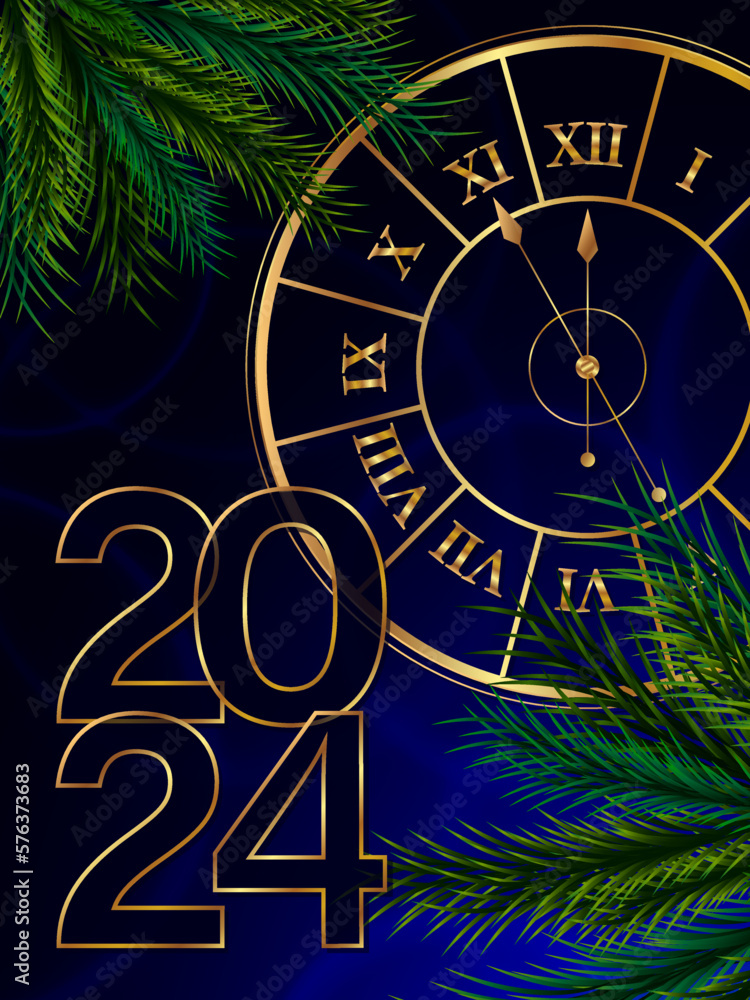 The advent of the New Year 2024 - Stylized clock and fir branches. Five minutes to midnight. Festive bright blue banner, cover, postcard or web post