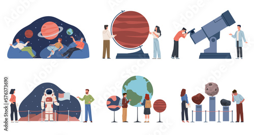 People in planetarium. Visitors at space museum, adults and kids study astronomy, planets layouts, starry sky projection, telescope and astronaut suit, nowaday vector cartoon flat set