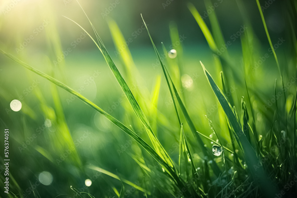 A fresh spring sunny garden background of green grass and blurred natural landscape with green grass, sunlight in nature field. Soft focus sunset field, landscape meadow. generative ai