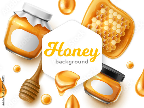 Realistic honey frame illustration. Sweet natural bee product, glass jars design packaging, wooden spoon, syrup drops and honeycomb, product label design or ad banner, utter vector concept