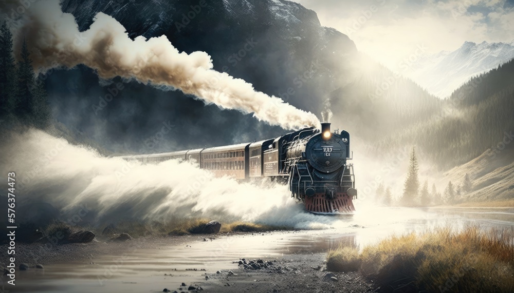 Fototapeta premium The Speeding Train: A Journey Through Time and Space. Generative AI.