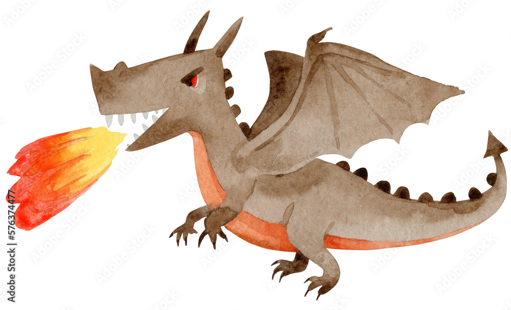 Fototapeta premium Watercolor illustration of a giant evil dragon spewing fire in cartoon style