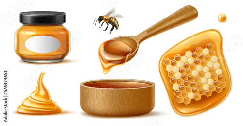 Realistic honey. Sweet healthy product, natural bio food, honeycomb, bee and jar with black label, wooden spoon, translucent floral syrup, 3d isolated objects, natural dessert, utter vector set