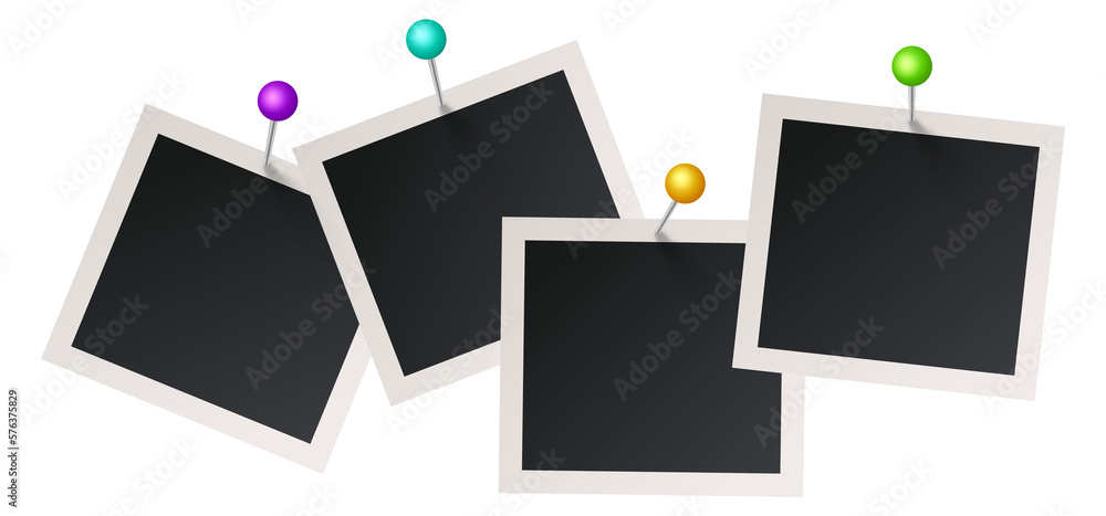 Photo cards fixed with color pins. Album frames template Photo cards fixed with color pins. Album frames template