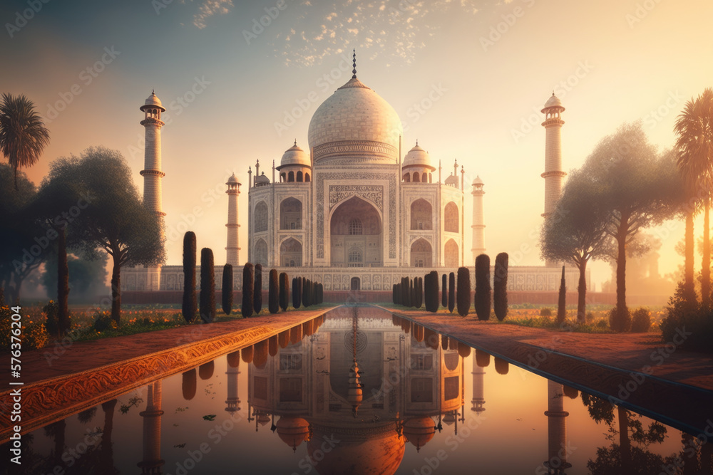 Taj Mahal Sunset: A Serene and Majestic View of India's Iconic Ivory Mausoleum AI Generative