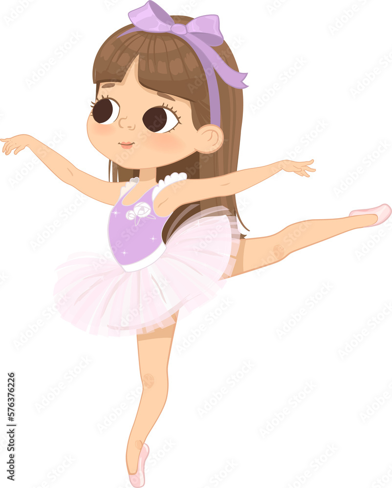 Cute Brown Hair Ballerina Girl Dancing. Little Caucasian Girl in Lilac Tutu Dress and Pointe. Vector, Cute Brown Hair Ballerina Girl Dancing. Little Caucasian Girl in Lilac Tutu Dress and Pointe. Vector,
