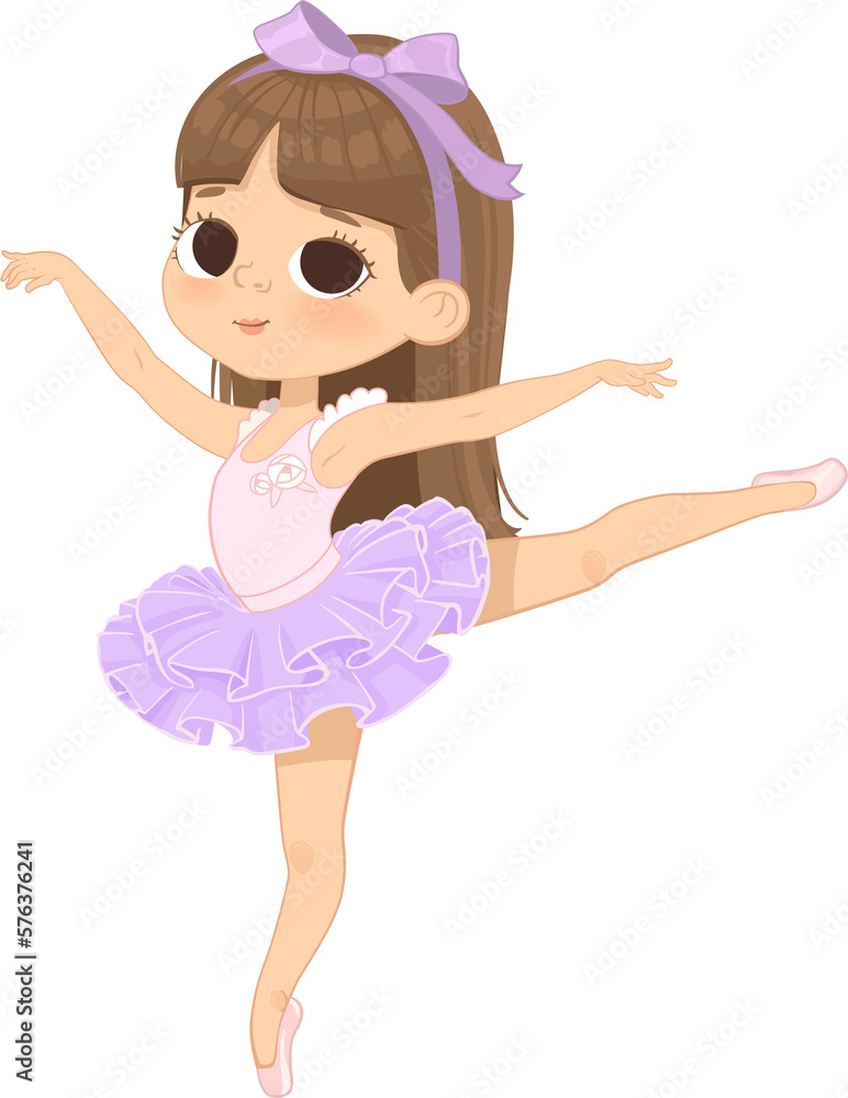 Fototapeta premium Cute Brown Hair Ballerina Girl Dancing. Little Caucasian Girl in Lilac Tutu Dress and Pointe. Vector,