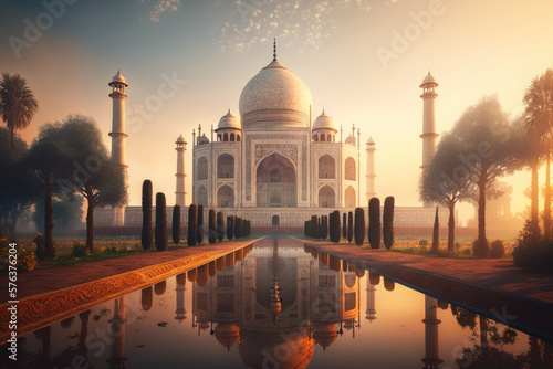 Taj Mahal Sunset: A Serene and Majestic View of India's Iconic Ivory Mausoleum AI Generative