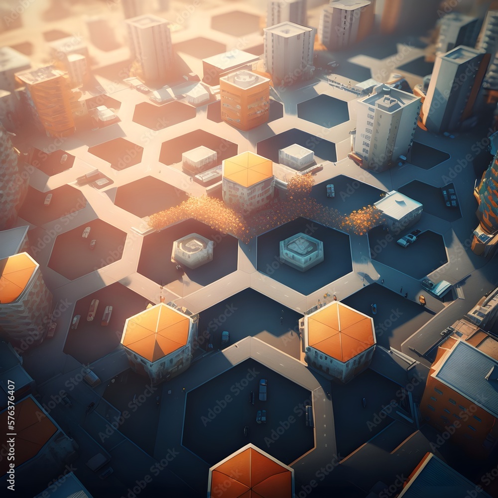 expansive overhead view of cityscape every city block is a hexagon view