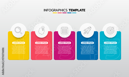 Business infographic template process with simple geometry square, rectangle, circle, triangle, curves in flat design template with thin line icons and 5 options or steps. Vector illustration.