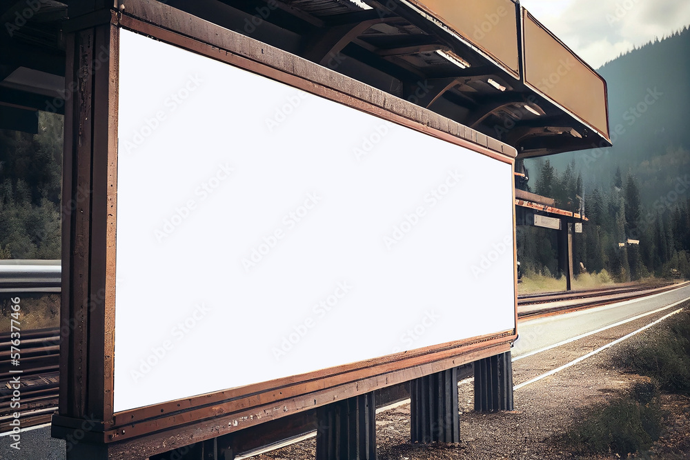 Realistic ilustration. Blank white billboard at mountain railroad station. Generative ai Realistic ilustration. Blank white billboard at mountain railroad station. Generative ai