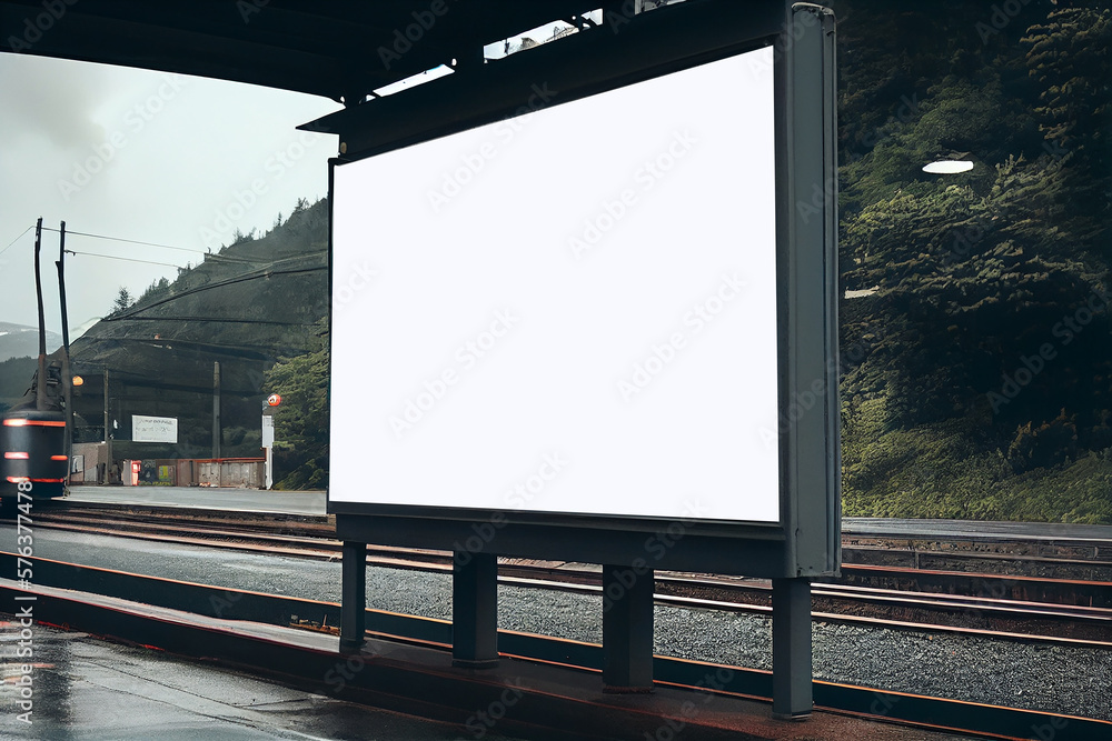 Realistic ilustration. Blank white billboard at mountain railroad station. Generative ai
