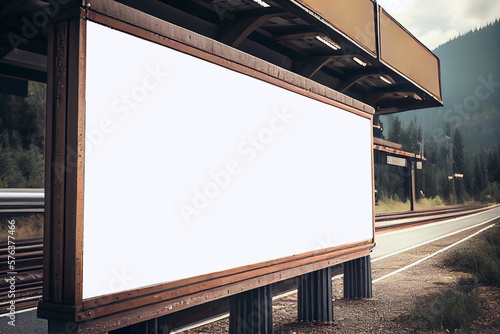 Realistic ilustration. Blank white billboard at mountain railroad station. Generative ai