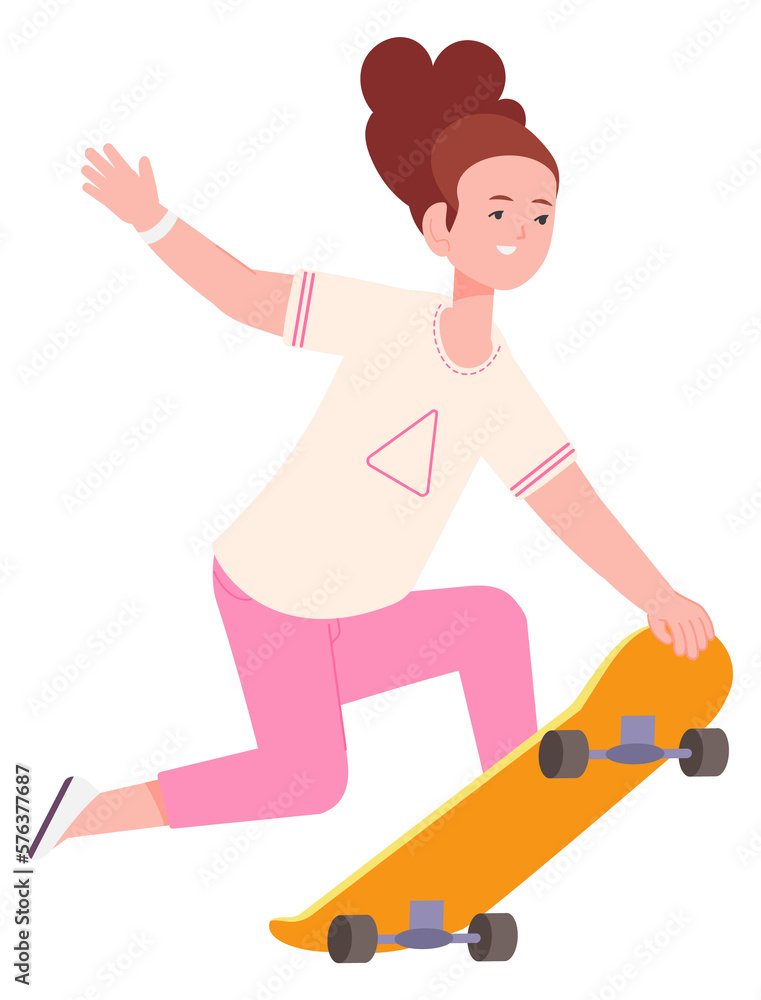 Girl jumping on skateboard. Active kid sport trick