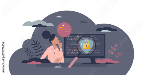 Cyber security course and education about digital safety tiny person concept, transparent background. Online learning about data encryption.