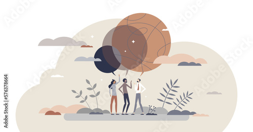 Consensus as common agreement and merged group thoughts tiny person concept, transparent background. Each opinion in team connected together for solidarity and discussion unanimity illustration.