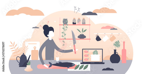 Cooking illustration, transparent background.Female fish preparation scene in flat tiny persons concept.Home kitchen process visualization with mom daily culinary process.