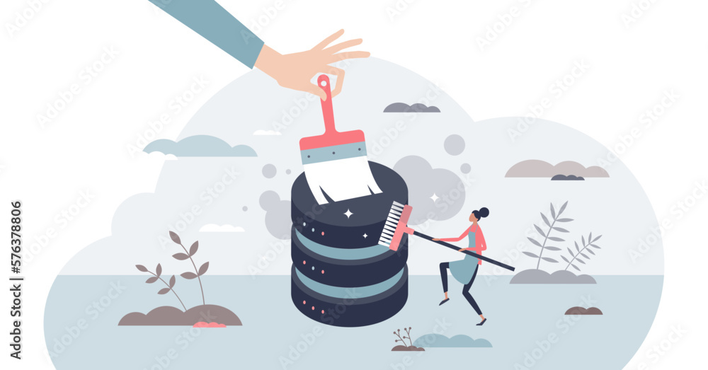 Data cleansing as hard drive cleanup and removing files tiny person concept, transparent background.Database security protection with personal information traces removing illustration. - obrazy, fototapety, plakaty 