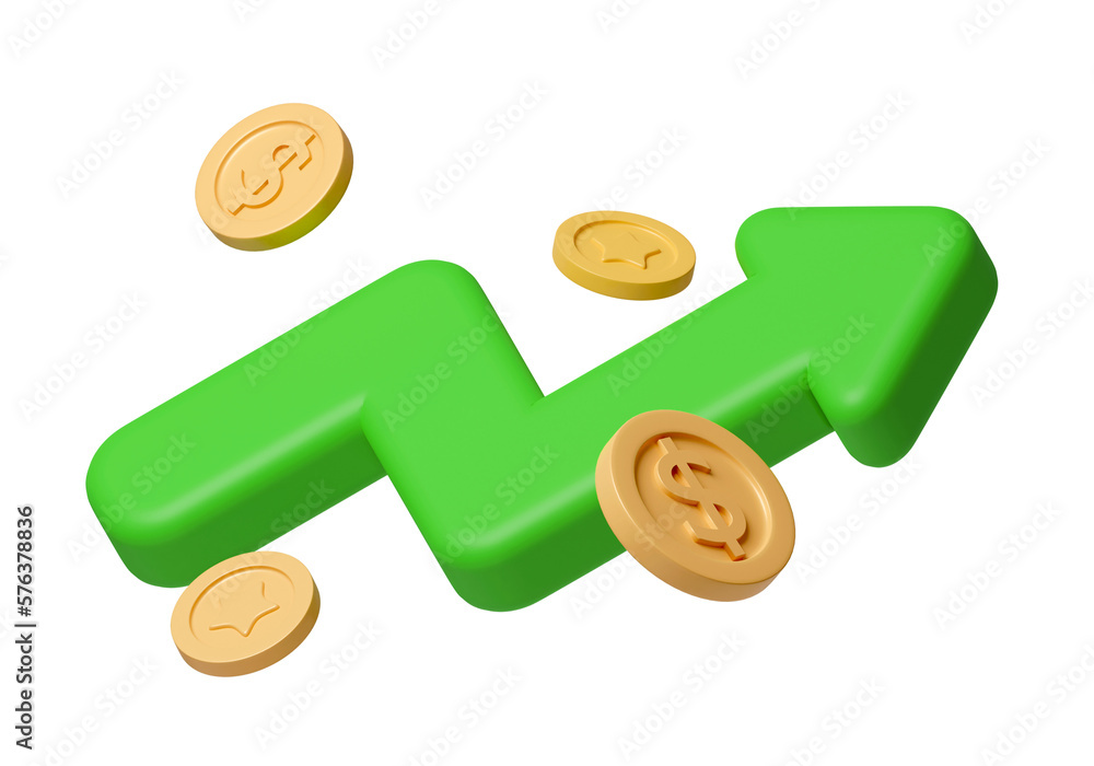 Green up arrow and coin flying on white background. Financial success ...
