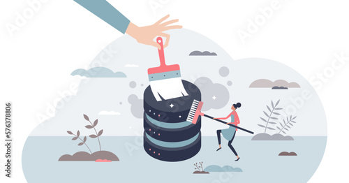 Data cleansing as hard drive cleanup and removing files tiny person concept, transparent background.Database security protection with personal information traces removing illustration.
