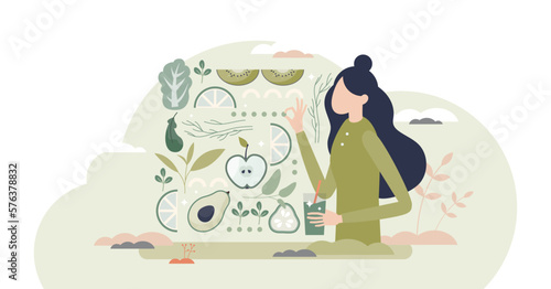 Detox with organic green vegetable and fruit smoothie shake tiny person concept, transparent background. Health care retreat with vegan diet and cocktail instead of food illustration.