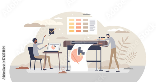Digital printing method with plotter, and printout paper tiny person concept, transparent background. Large format prints with desktop publishing and offset hardware illustration.