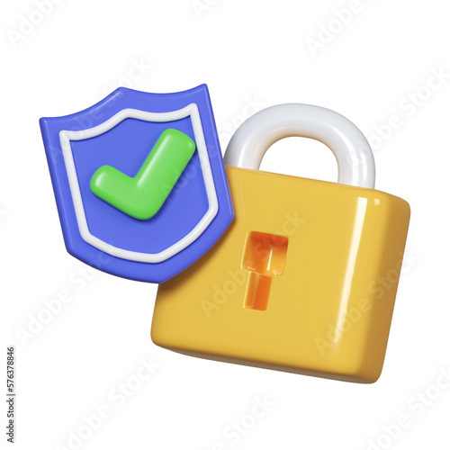 Shield with tick and padlock 3d render. security and safety concept. Protection and privacy symbol. Internet data or password security guarantee sign. 3d rendering illustration. PNG icon