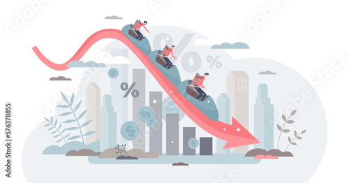 Economic forecast with financial stock value prediction tiny person concept, transparent background. Business analysis as falling roller coaster up and down illustration.