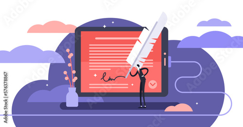 Electronic signature illustration, transparent background. Flat tiny e-document persons concept. Online transaction agreement protection. Privacy verification with electric autograph on device.