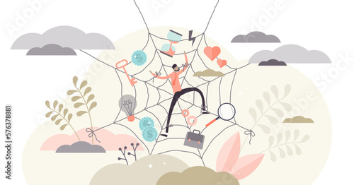 Entanglement daily life routine concept flat tiny person illustration, transparent background. Work and personal life balance problem. Tied with overwhelming responsibilities in every day cycle.