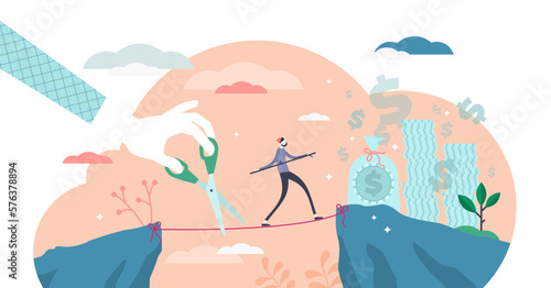 Envy symbolic abstract concept, flat tiny person illustration, transparent background. Walking and balancing on the rope.