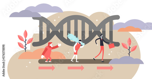 Evolution illustration, transparent background. Flat tiny development theory persons concept. Biology science ancient to modern connection development connection research.