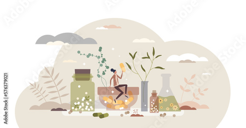 Homeopathy and herbal medicine using natural herb pills tiny person concept, transparent background. Organic medication and disease cure with alternative healing illustration.