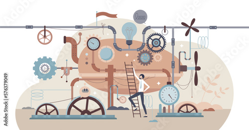 Industrial revolution with machines and steampunk gears tiny person concept, transparent background. Factory and manufacturing development.