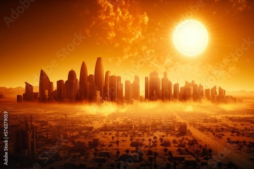 Heatwave sun over a urban city  global warming. Generative AI