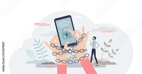 Internet addiction problem as attached to phone habit tiny person concept, transparent background. Excessively time spend on social media or network as psychological mental chain.