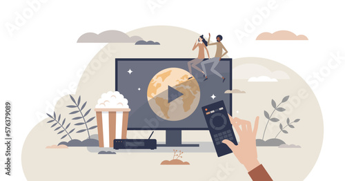 IPTV as internet television and home entertainment system tiny person concept, transparent background. Digital media TV stream illustration. Smart multimedia technology and broadcast channel.