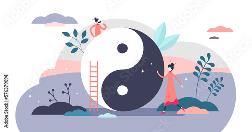 Yin and yang illustration, transparent background. Balance symbol flat tiny persons concept. Chinese opposite forces harmony sign as traditional dualism philosophy. Spiritual peace scene.