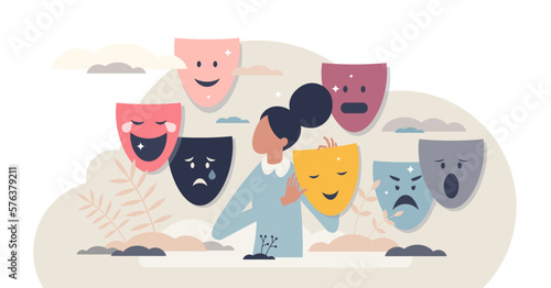 Personality, feeling and emotion change with facial masks tiny person concept, transparent background. Psychological mindset with attitude, behavior and face expression diversity illustration. photo