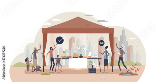 Pop-up picnic event with eating in urban environment park tiny person concept, transparent background.Outdoors lunch site for all family meal in holidays illustration.