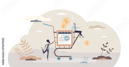 Preorder as scheduled purchase deal before general sale tiny person concept, transparent background. Available product buying for best price with discount illustration.