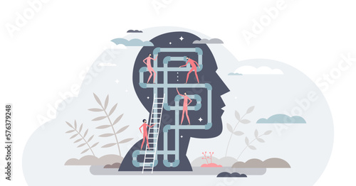 Psychology mental health study or brain problem therapy tiny person concept, transparent background. Emotional mind treatment or solve complexity feeling illustration.