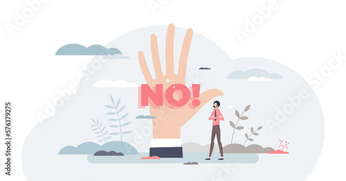 Saying no with rejection on hand as opinion expression tiny person concept, transparent background. Negative feedback and stop gesture as decision with reaction illustration.