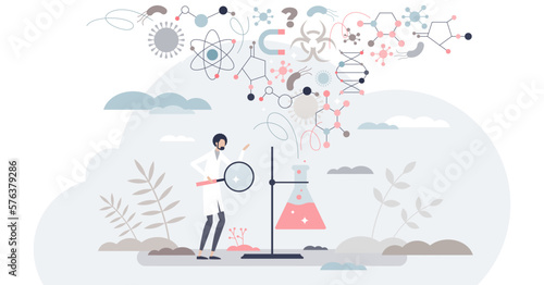 Science education as learning about research process tiny person concept, transparent background. Physics, chemistry and biology explanation for non scientists and public illustration.