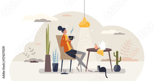Self care and having cup of drink for relaxation moment tiny person concept, transparent background. Hot tea for mother in comfy chair for mental carefree and calm pleasure illustration.