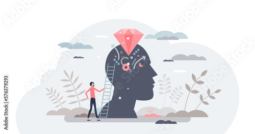 Self confidence as positive esteem attitude to yourself tiny person concept, transparent background. Emotional reflection and feeling with individual believe.