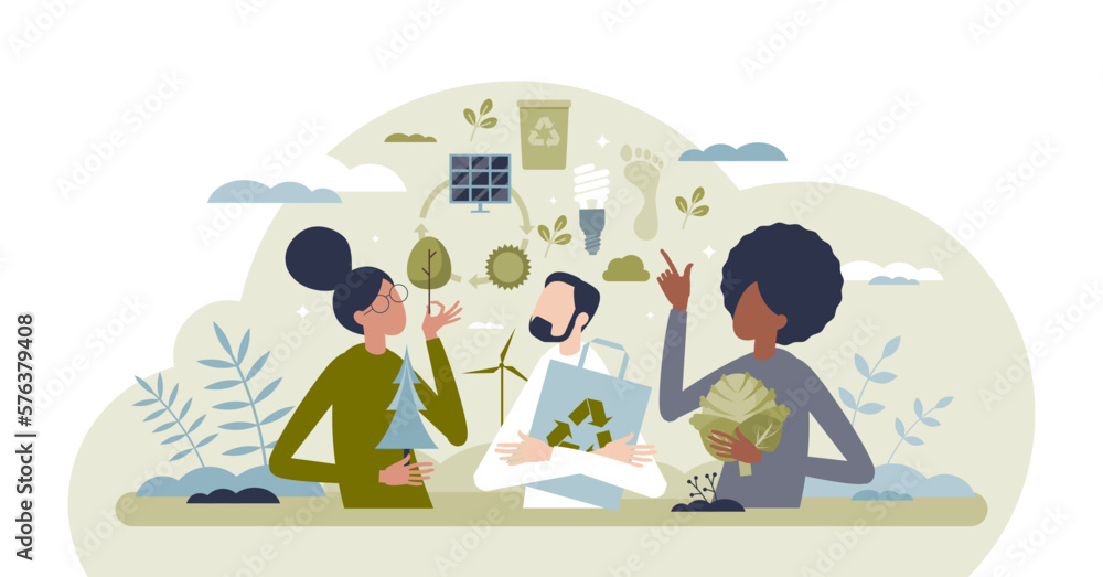 Obraz premium Sustainable eco community and nature friendly society tiny person concept, transparent background. Green and sustainable lifestyle with environmental principles illustration.