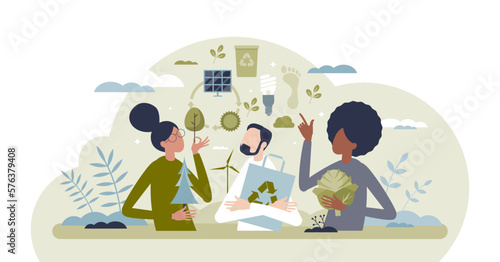 Sustainable eco community and nature friendly society tiny person concept, transparent background. Green and sustainable lifestyle with environmental principles illustration.